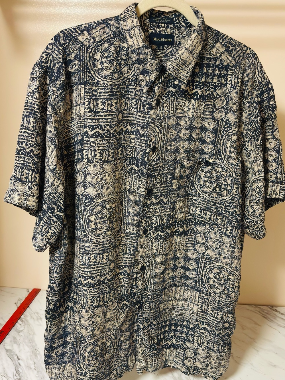 Vintage Marc Edwards 100% Silk Patterned Shirt - Blue/Tan - XL